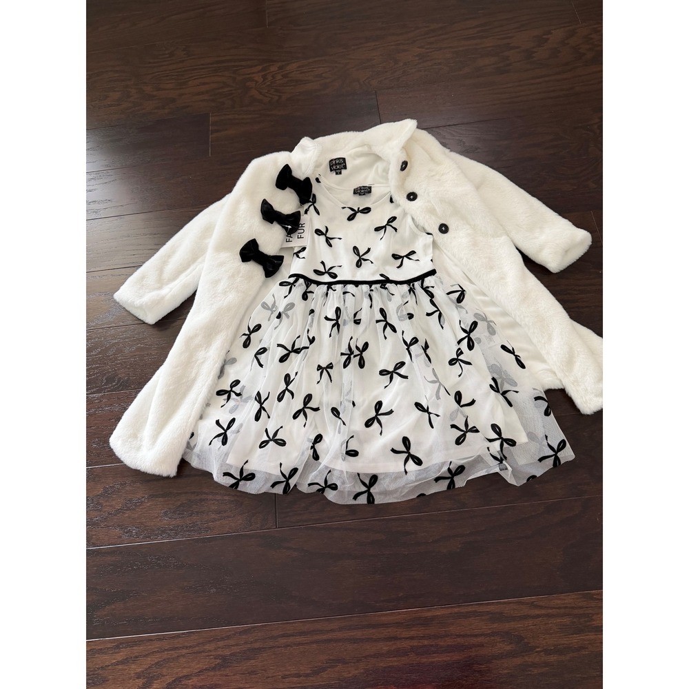 Pink & Violet Girls White Black Bow Dress and Faux Fur Coat Set Size 6 XJ748056B